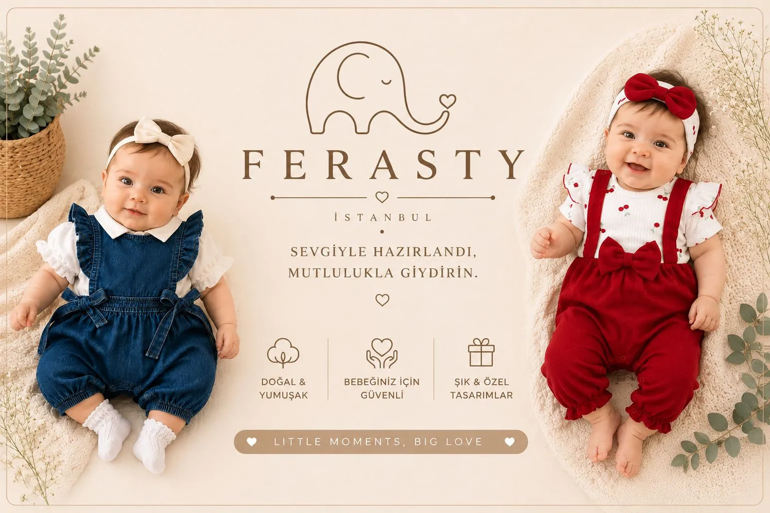 Ferasty İstanbul — Sevgiyle hazırlandı, mutlulukla giydirin: lacivert salopetli ve kırmızı tulumlu iki bebek