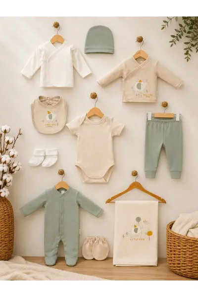 Unisex Bebek Zıbın Seti 10'lu Fil Desenli — Beyaz Yeşil