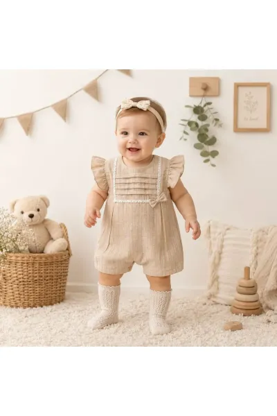 Kız Bebek Tulum Robası Pileli Güpürlü — Bej