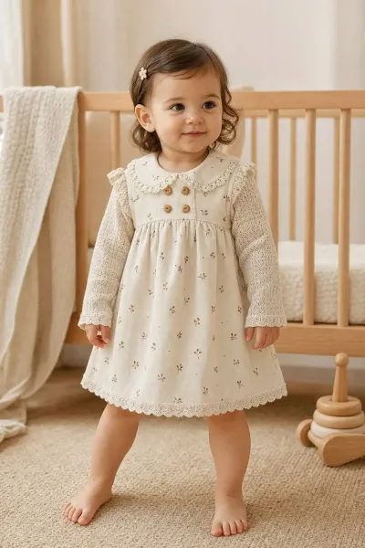 Kız Bebek Elbise Çiçek Desenli Bebe Yaka — Ekru