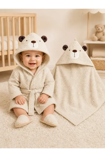 Unisex Bebek Bornoz Seti 3'lü Ayıcık Desenli — Beyaz