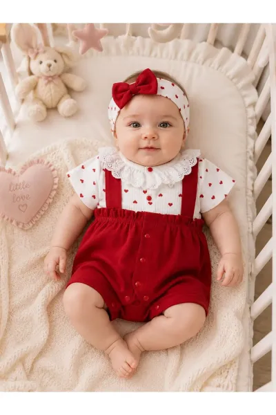 Kız Bebek Tulum Kalpli Bantlı Bebe Yaka — Kırmızı Beyaz
