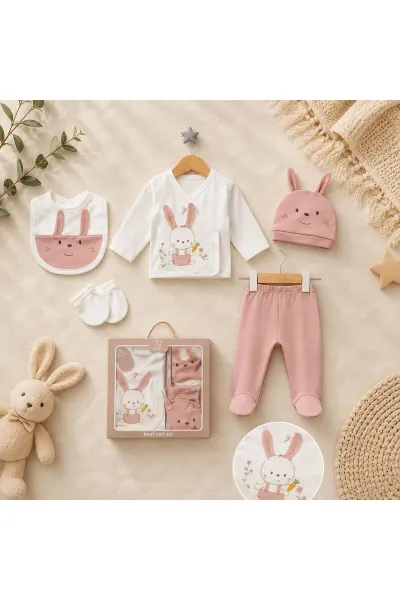 Kız Bebek Zıbın Seti 5'li Tavşan Desenli — Beyaz Pembe