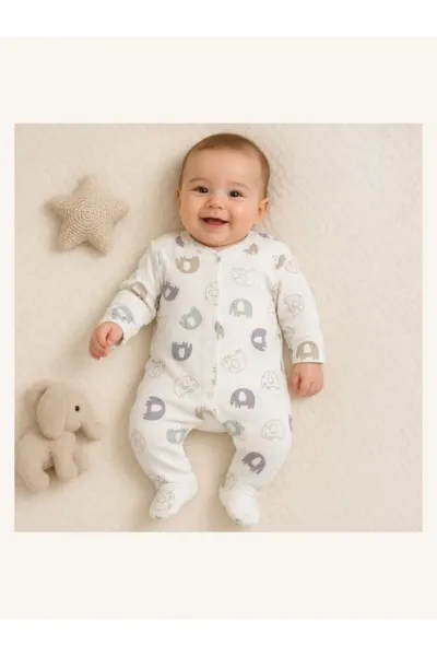 Unisex Bebek Tulum Fil Desenli — Ekru