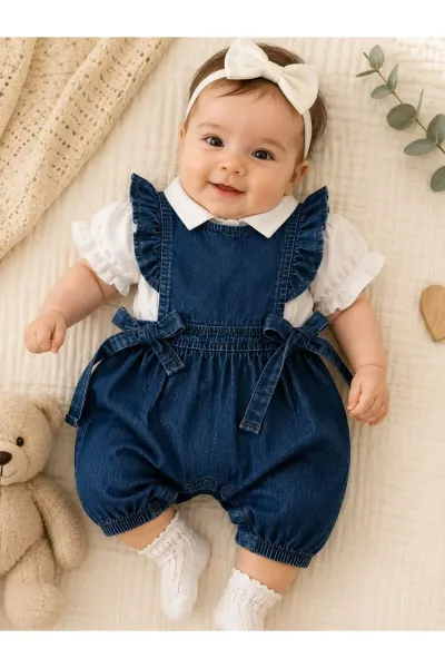 Kız Bebek Kot Salopet Takım 2'li Gömlekli — Lacivert Beyaz