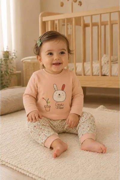 Kız Bebek Pijama Takımı Tavşan Desenli — Pembe