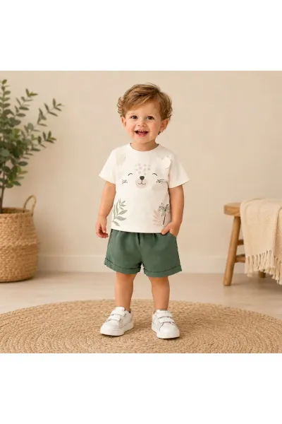Erkek Bebek Takım Şortlu Ayı Baskılı — Beyaz Yeşil
