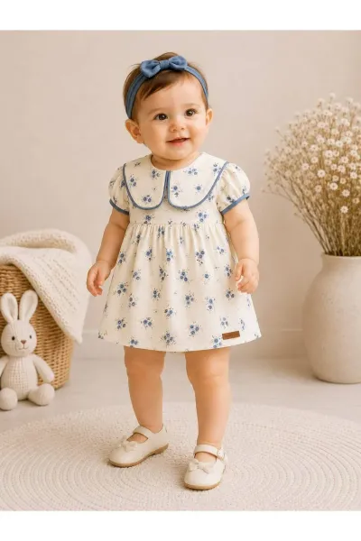 Kız Bebek Elbise Takım Bebe Yaka Çiçekli — Bej