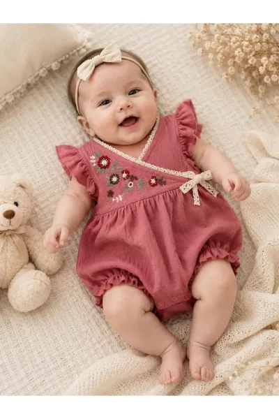 Kız Bebek Tulum Müslin Nakışlı Kolsuz — Bordo