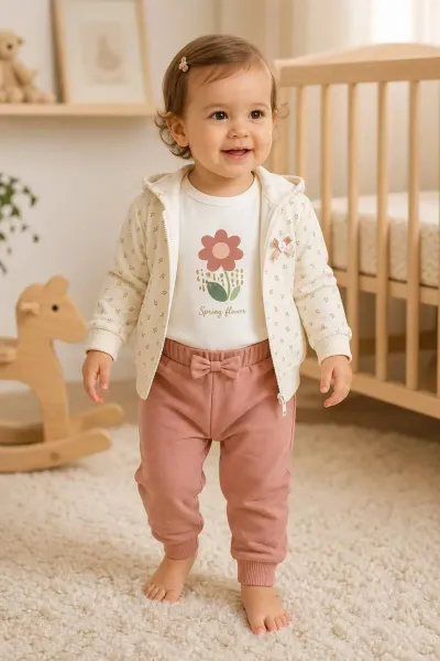 Kız Bebek Takım 3'lü Çiçekli — Beyaz Pembe