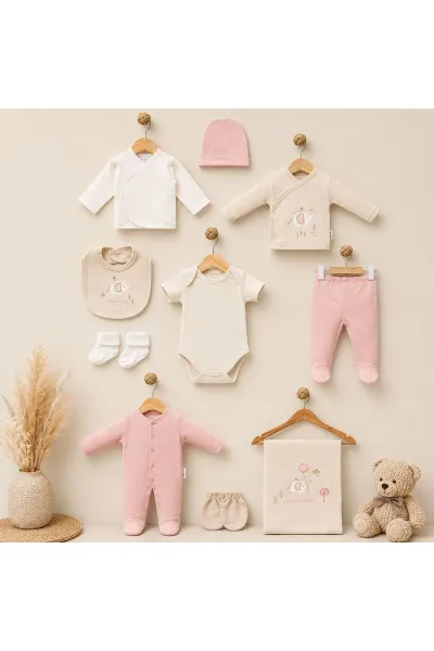 Kız Bebek Zıbın Seti 10'lu Fil Desenli — Beyaz Pembe