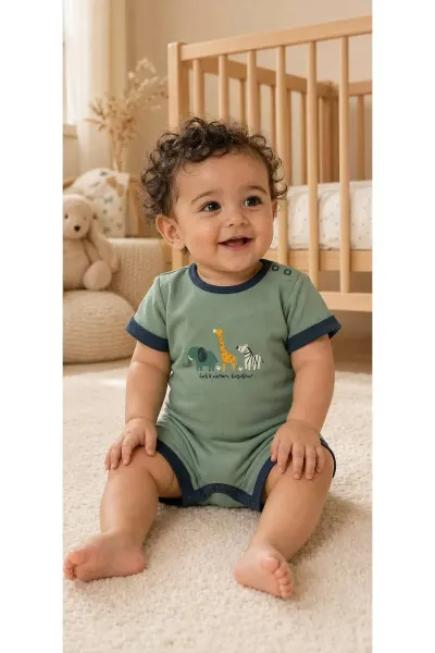 Unisex Bebek Tulum Hayvan Desenli Çıtçıtlı — Yeşil