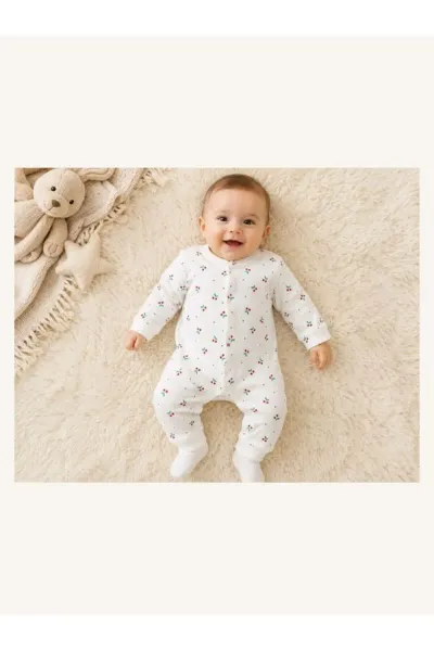 Kız Bebek Tulum Kiraz Baskılı — Beyaz