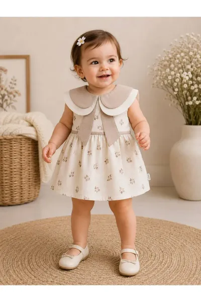 Kız Bebek Elbise Çıtır Çiçekli Bebe Yaka — Bej