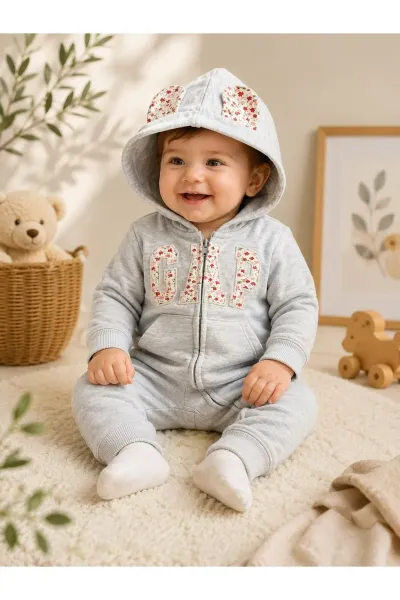 Kız Bebek Tulum Kapüşonlu Çiçek Baskılı — Gri