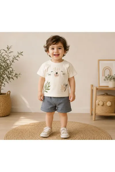 Erkek Bebek Takım Şortlu Ayı Baskılı — Beyaz