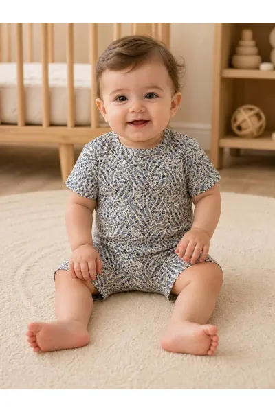 Kız Bebek Tulum Çıtçıtlı Çiçek Desenli — Mavi