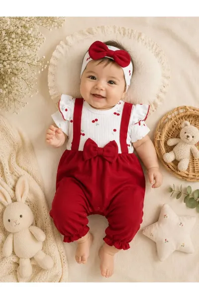 Kız Bebek Tulum Kirazlı Bantlı — Beyaz Kırmızı