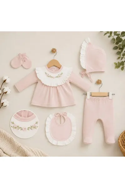 Kız Bebek Zıbın Seti 5'li Çiçek Desenli — Pembe
