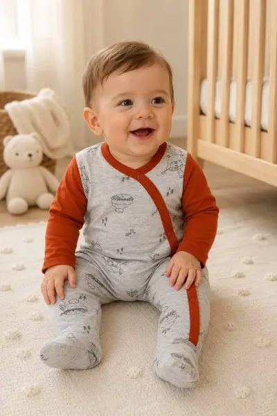Unisex Bebek Tulum Rakun Desenli — Gri Turuncu
