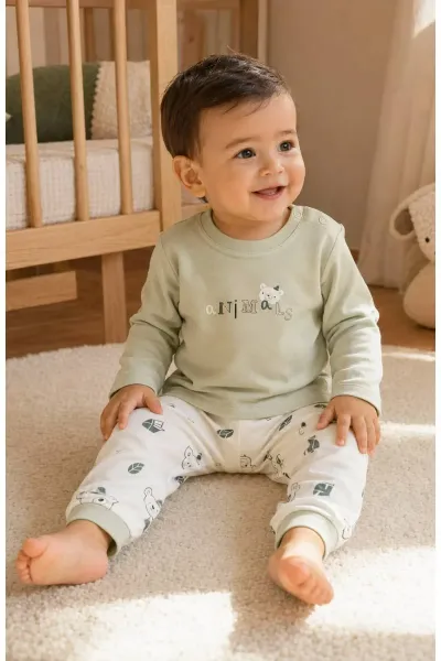 Unisex Bebek Pijama Takımı Ayıcık Baskılı — Yeşil