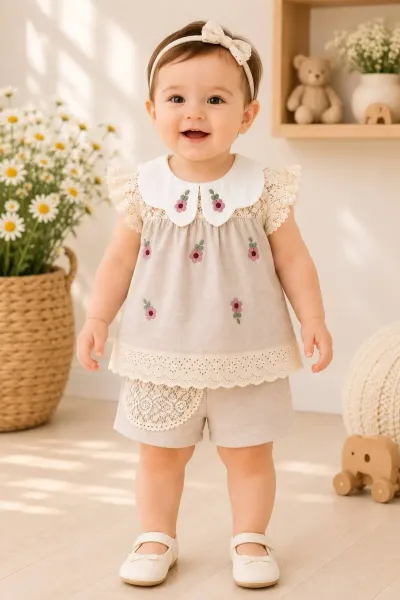 Kız Bebek Takım Keten Şortlu Pembe Çiçekli — Bej