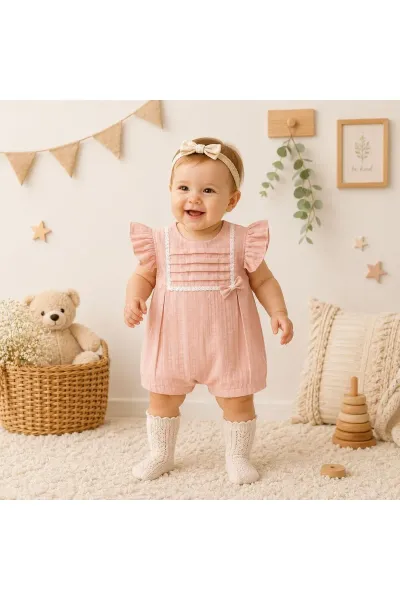 Kız Bebek Tulum Robası Pileli Güpürlü — Pembe