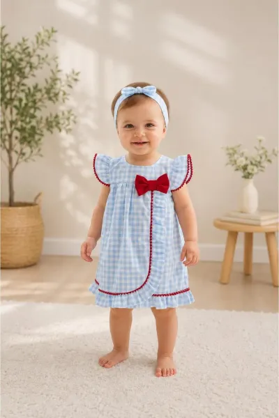 Kız Bebek Elbise Fiyonklu Bebe Yaka — Mavi