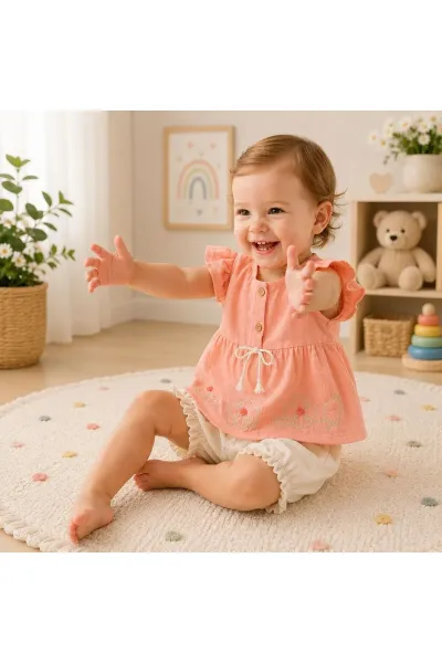 Kız Bebek Takım Nakışlı Bebe Yaka — Somon