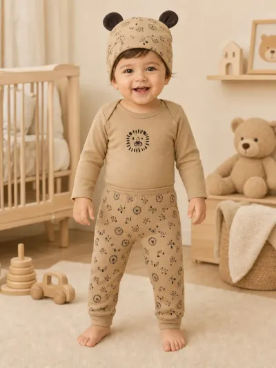 Erkek Bebek 3'lü Takım Aslan Desenli Body Pantolon Bere — Bej