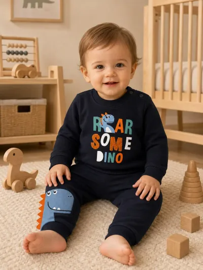 Erkek Bebek 2'li Takım Dinozor Baskılı Roarsome Dino — Lacivert