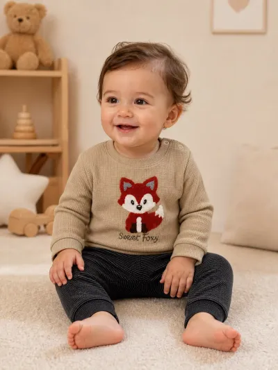 Erkek Bebek 2'li Takım Tilki Nakışlı Sweet Foxy — Bej