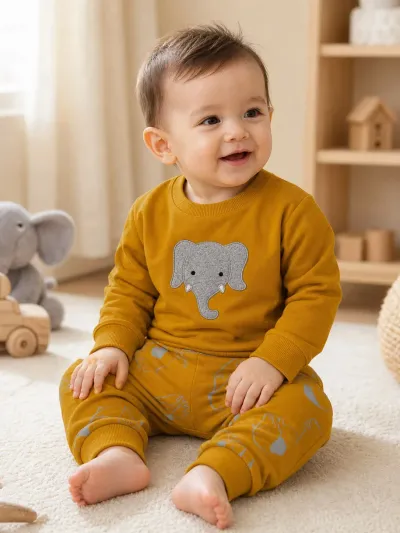 Erkek Bebek 2'li Takım Fil Aplikeli — Sarı