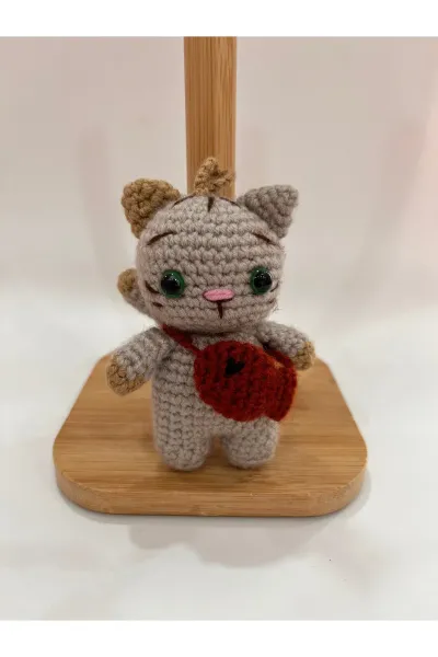 Amigurumi Kedi Anahtarlık Çantalı 10 cm — Gri