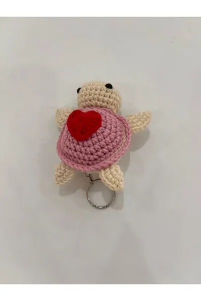 Amigurumi Kaplumbağa Anahtarlık Kalp Desenli — Pembe