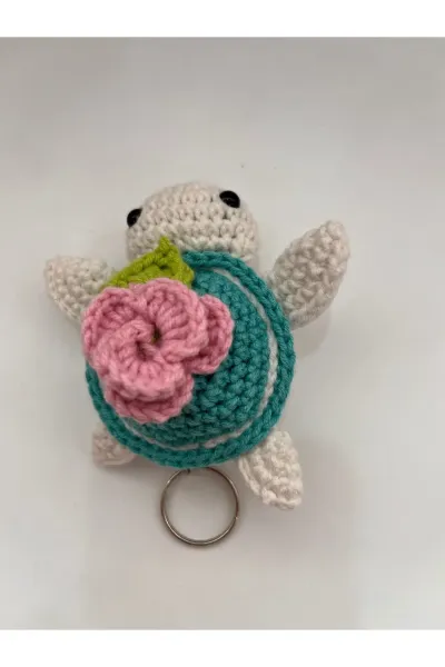 Amigurumi Örgü Kaplumbağa Anahtarlık - El Yapımı Çiçekli Tasarım — Turkuaz