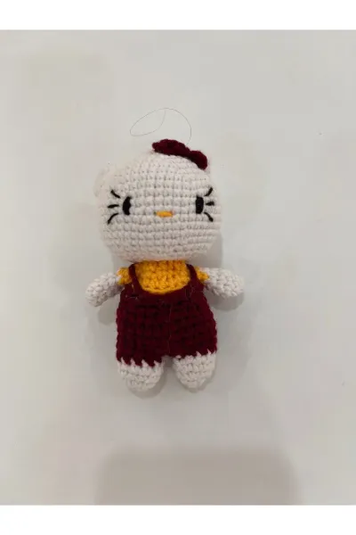 Amigurumi Kedi Anahtarlık Tulumlu 8-10 cm — Koyu Bordo