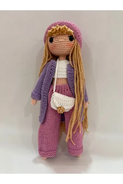 Amigurumi Melodi Örgü Bebek Hırkalı 28 cm — Pudra Mor
