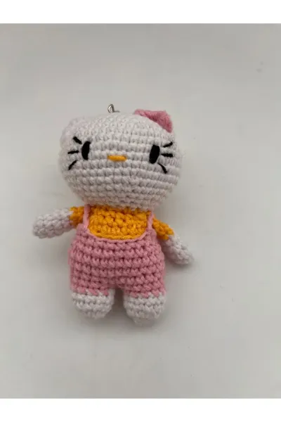 Amigurumi Kedi Anahtarlık Tulumlu 8-10 cm — Açık Pembe