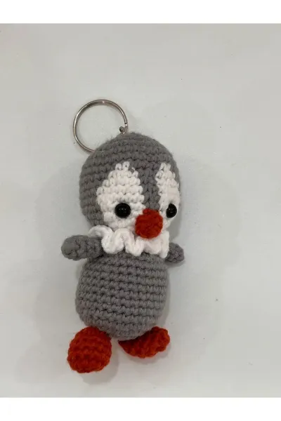 Amigurumi Penguen Anahtarlık Tüy Desenli — Gri