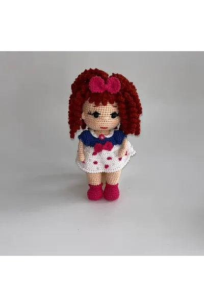 Amigurumi Örgü Bebek Puantiyeli Elbiseli 23 cm — Beyaz