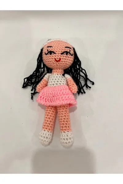 Amigurumi Gökkuşağı Saçlı Bebek Anahtarlık 15 cm — Pembe