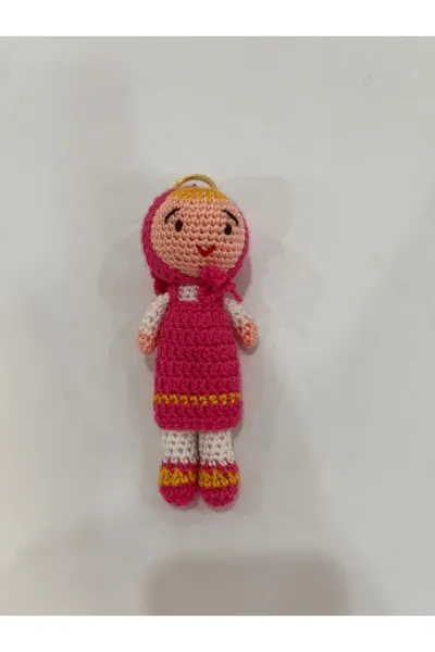Amigurumi Kız Bebek Anahtarlık Fuşya Elbiseli — Pembe