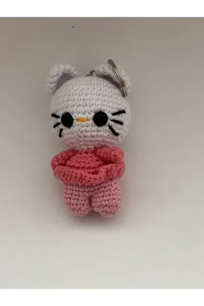 Amigurumi Kedi Anahtarlık Mini Figür — Pembe