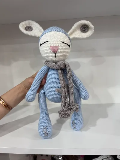 El Yapımı Amigurumi Uyuyan Tavşan - Atkılı Örgü Oyuncak Mavi