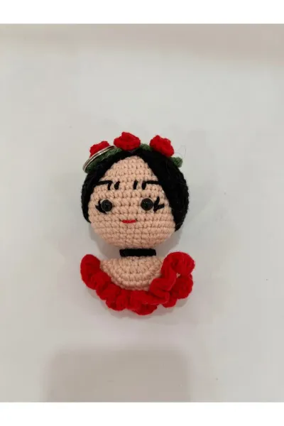 Amigurumi Frida Kahlo Anahtarlık 10 cm — Kırmızı