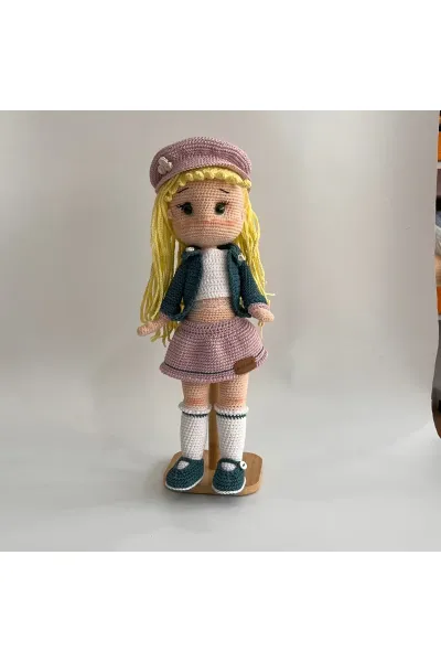 Amigurumi Örgü Bebek Bereli Okul Kıyafetli 36 cm — Pembe