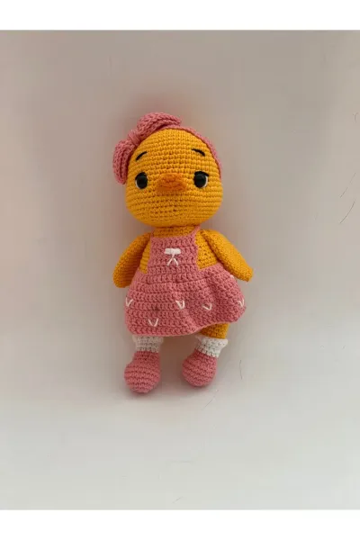 Amigurumi Ördek Kız Örgü Oyuncak Önlüklü — Sarı / Pembe