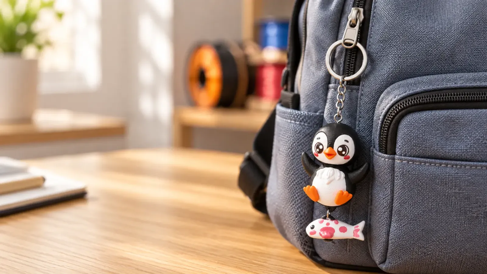 Sırt çantasına takılı 3D baskı penguen figürlü anahtarlık