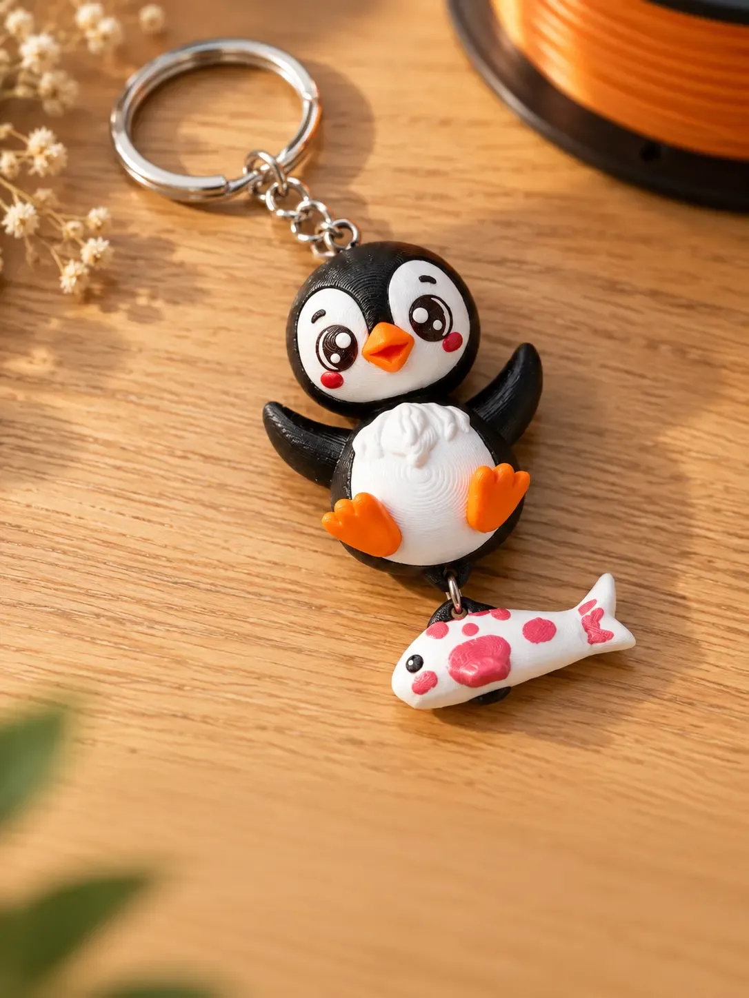 Ahşap masada anahtarlık halkalı 3D baskı penguen figür